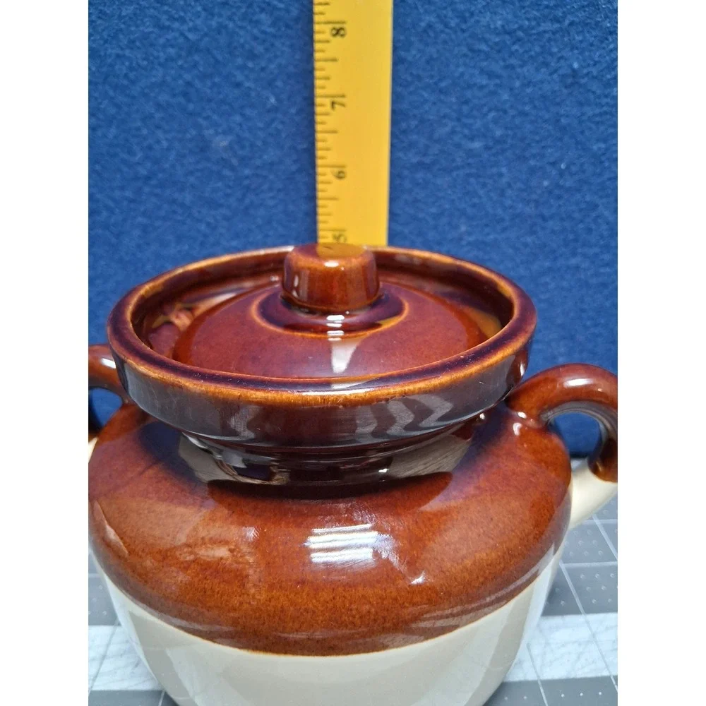 McCoy Bean Pot‎ Brown Cream Two Tone Stoneware Double Handle Lid 341 USA